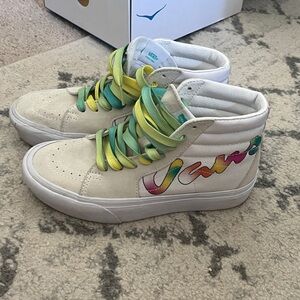 Vans White High-Top Sneakers with Multicolor Laces